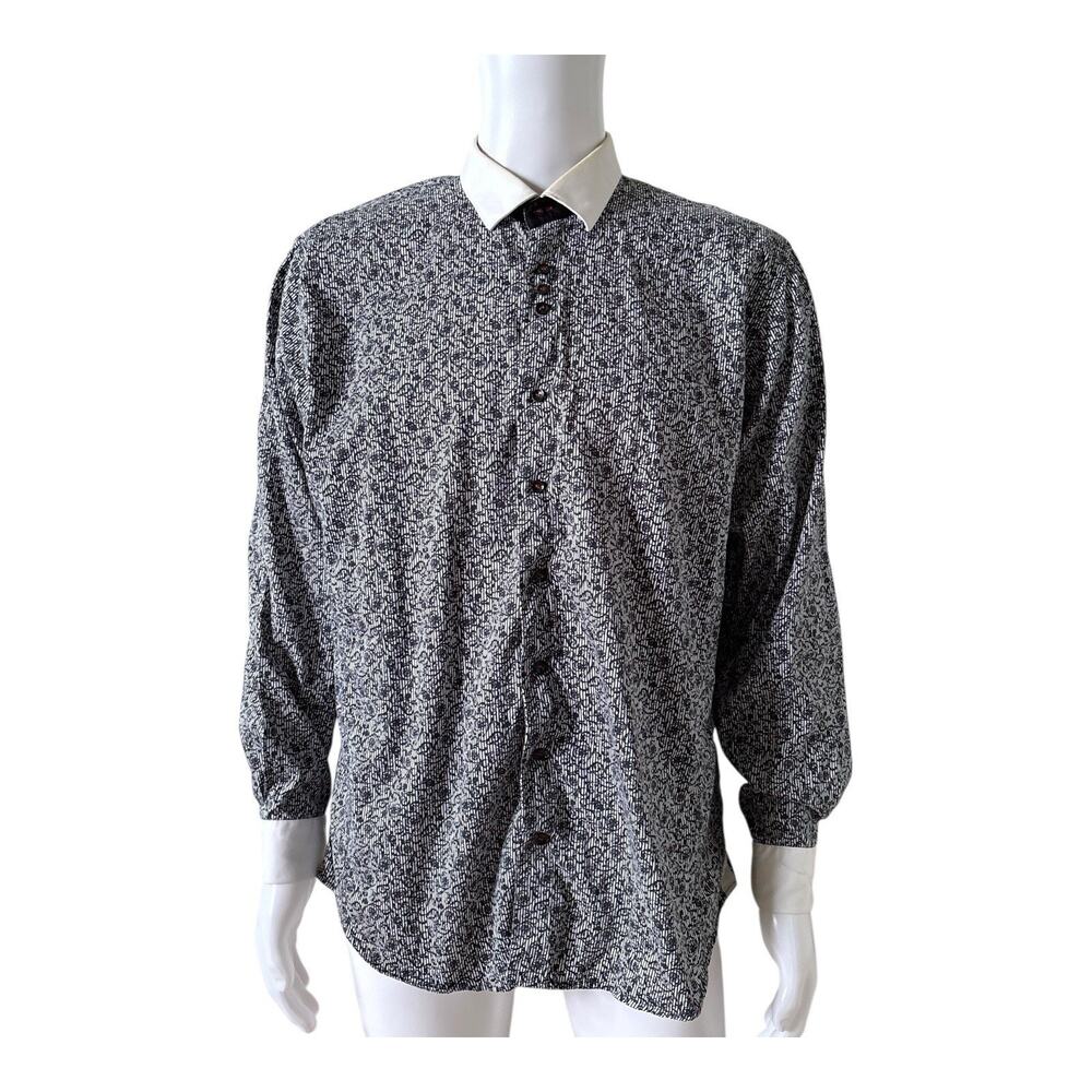 Au Noir Mens Button Up Dress Shirt Size 6 US L Black White Geometric Long Sleeve